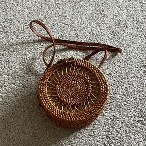 Round Woven Tan Crossbody Bag